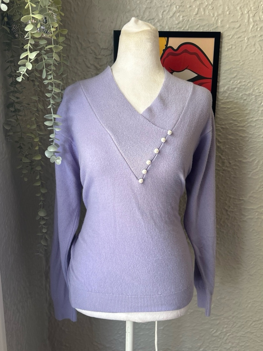 Designers Originals 80s Lavender V-Neck Sweater with Pearl Buttons